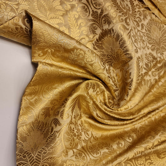 Floral Gold Leaf Damask Metallic Indian Banarasi Brocade Fabric Design 44" Meter (Gold)