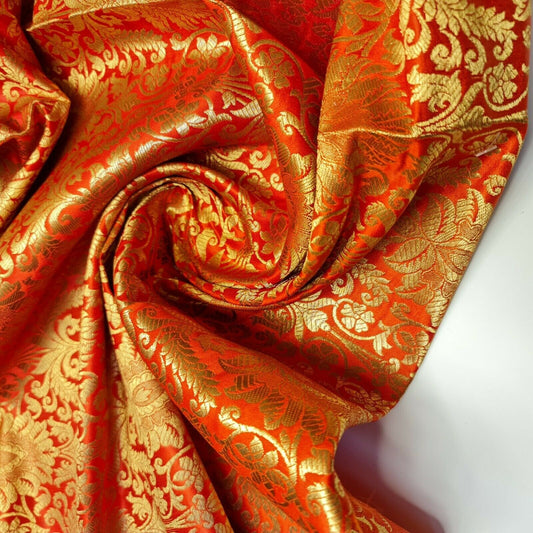 Floral Gold Leaf Damask Metallic Indian Banarasi Brocade Fabric Design 44" Meter (Orange)
