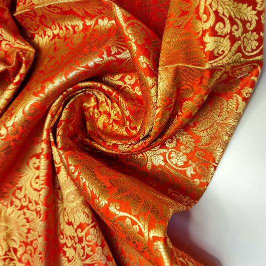 Florales Blattgold-Damast-Metallic-Design aus indischem Banarasi-Brokat, 111,8 cm Meter (Orange)
