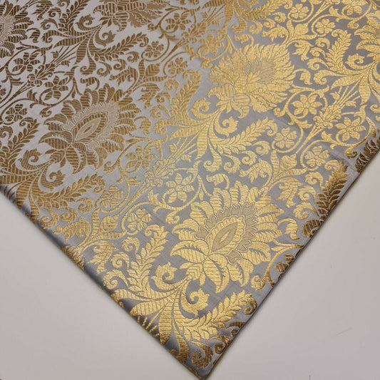 Florales Blattgold-Damast-Metallic-Design, indischer Banarasi-Brokatstoff, 111,8 cm (Enteneiblau)