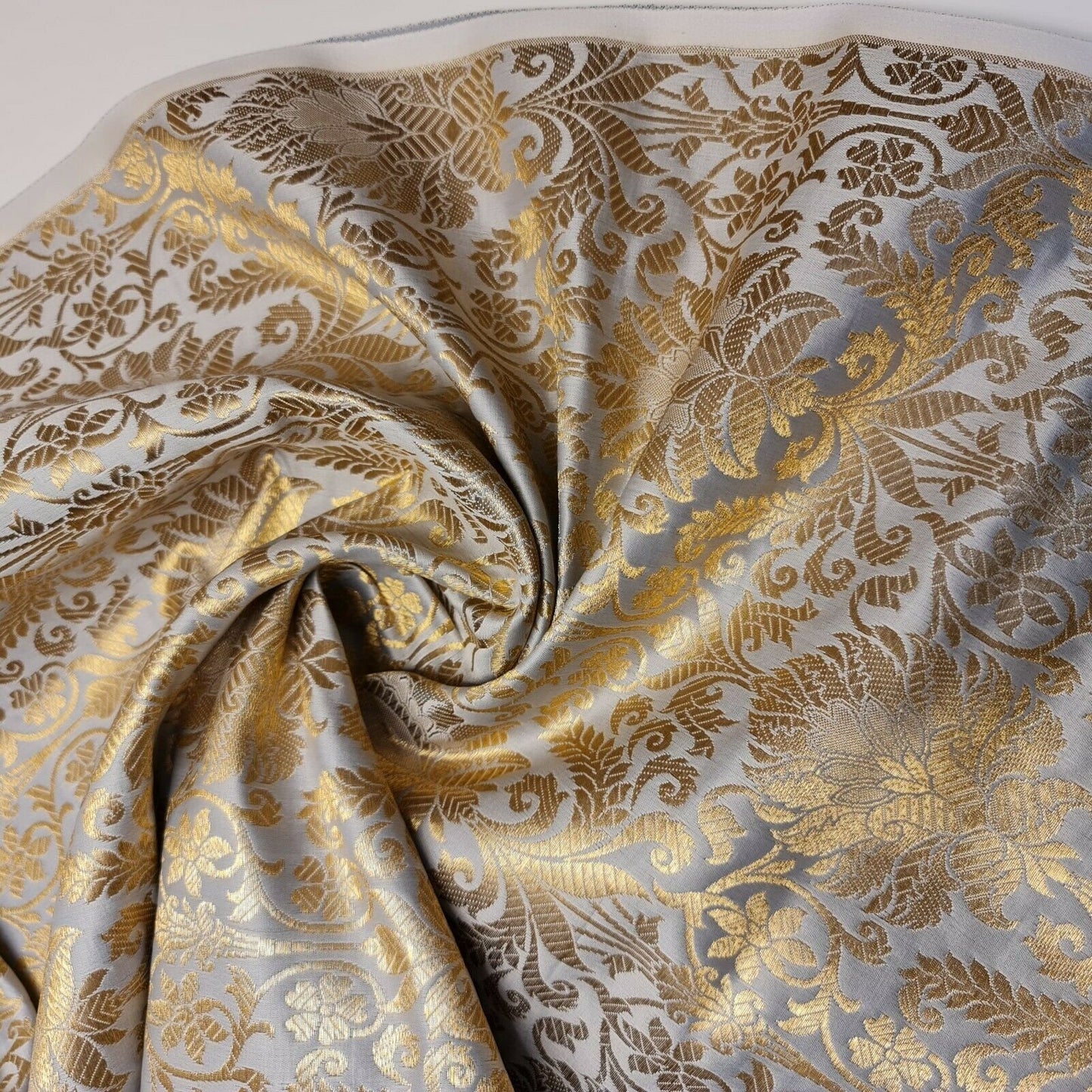 Floral Gold Leaf Damask Metallic Indian Banarasi Brocade Fabric Design 44" Meter (Duck Egg)