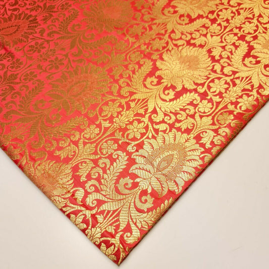 Floral Gold Leaf Damask Metallic Indian Banarasi Brocade Fabric Design 44" Meter (Coral Pink)
