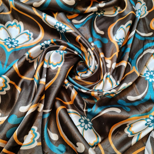 Brown Satin Soft Silk Finish Fabric Floral Print Dress Drape Material 58" Meter