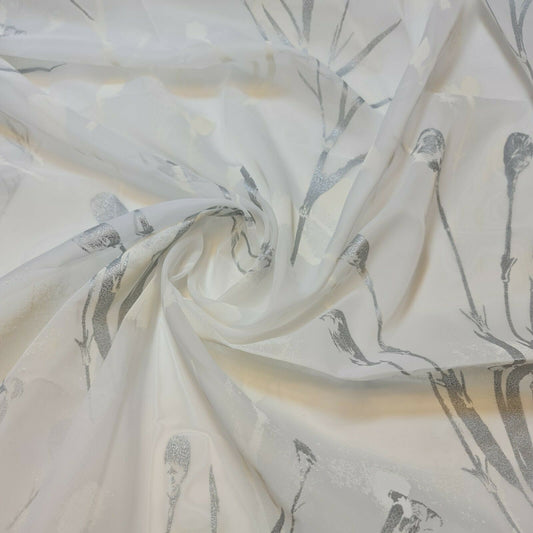 White Silver Foil Printed Organza Dress Craft Fabric By The Meter 58"