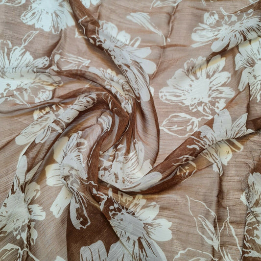 NEW Brown Polyester Crinkle Chiffon Floral Print Dress Scarf Fabric 150 cm