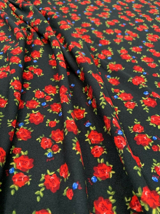 100% Cotton Jersey Stretch Medium Weight Black Red Roses Print Dress Craft 58"