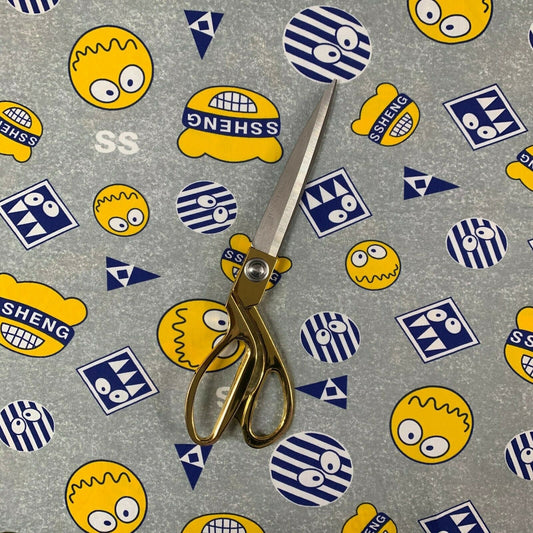 Premium gebürsteter 100 % Baumwolljersey, graue Basis, Smileys, Meterware, 58"