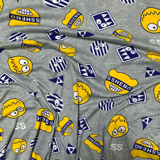 Premium gebürsteter 100 % Baumwolljersey, graue Basis, Smileys, Meterware, 58"