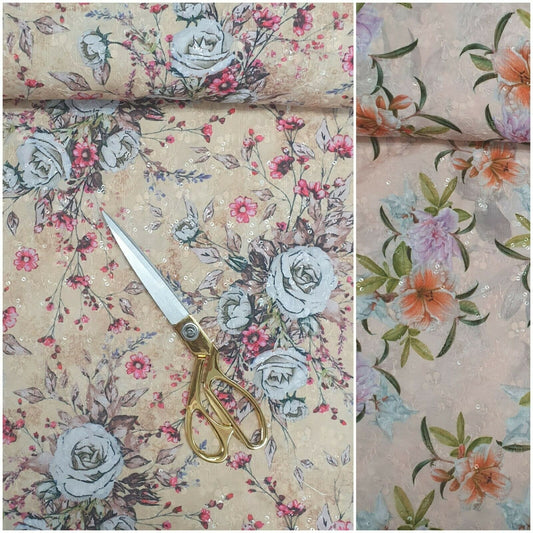 Cotton Digital Print Brodrie Anglaise Embroidery Dressmaking Fabric 44"