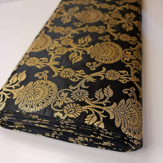 New Prints Ornamental Floral Gold Metallic Print Indian Banarasi Brocade Fabric (Black)