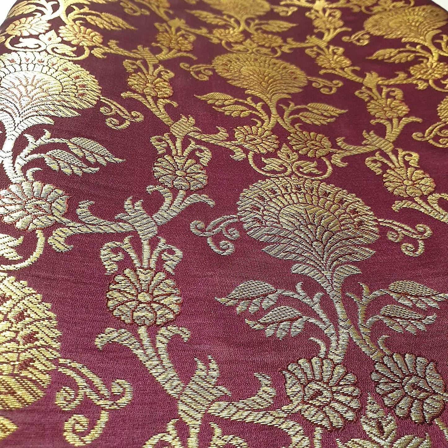 New Prints Ornamental Floral Gold Metallic Print Indian Banarasi Brocade Fabric (Wine)