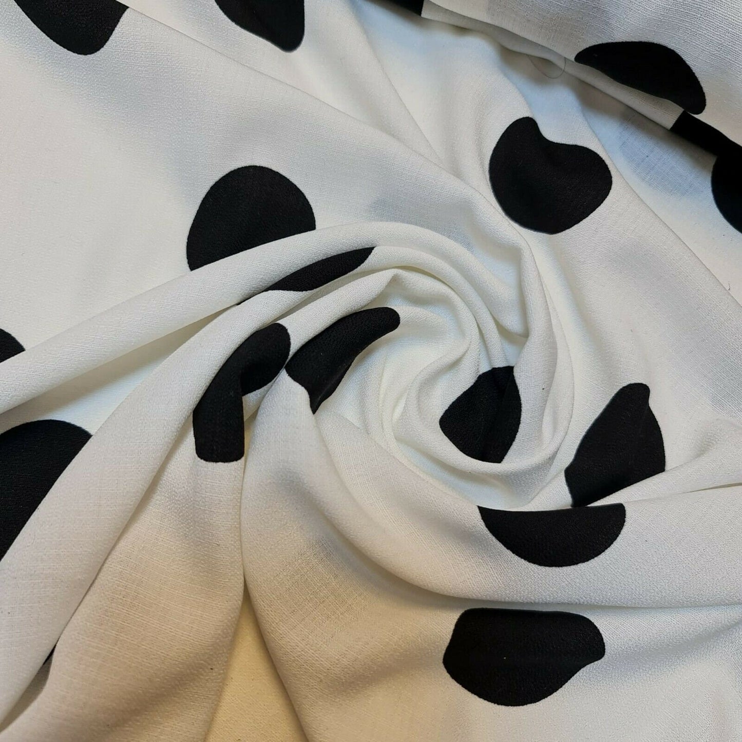 Large Polka Black Spot White Base Crepe Fabric Summer Dress Art Craft (58" Wide)