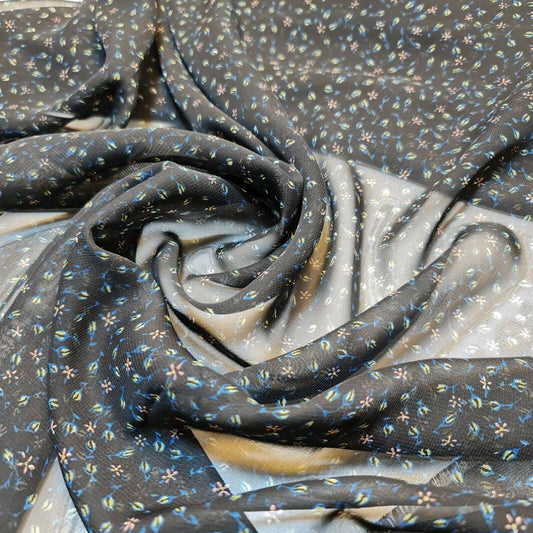 Kreppstoff mit Blumenmuster, schwarze Basis, Blumen, Sommerkleid, Bastelkunst (147,3 cm breit)