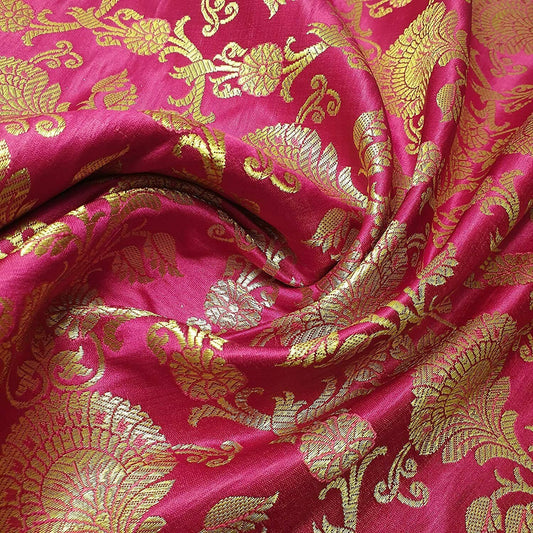 New Prints Ornamental Floral Gold Metallic Print Indian Banarasi Brocade Fabric (Magenta)
