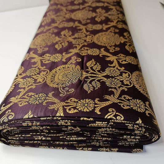 Wine PEACOCK TRAIL Floral Gold Metallic Banarasi Brocade Fabric – Premium Handloom Indian Fabric (By the Meter)