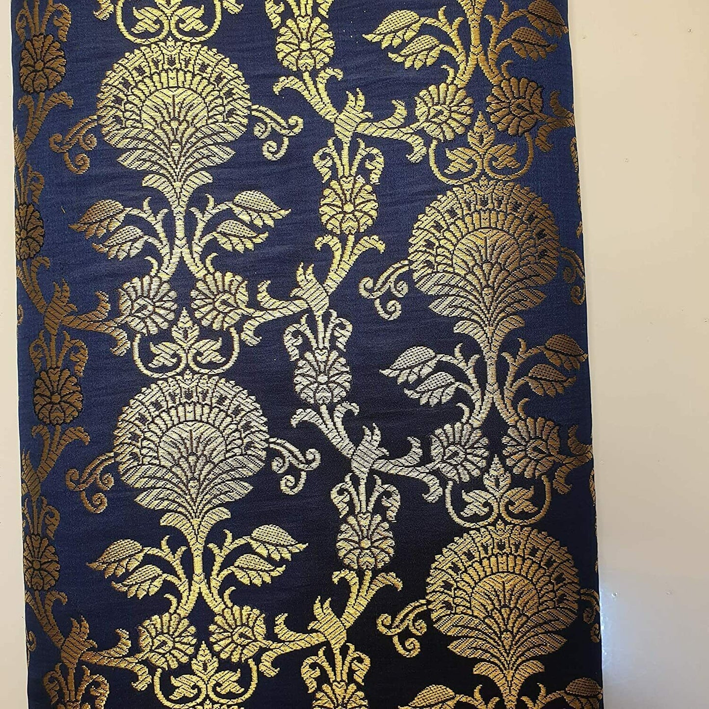New Prints Ornamental Floral Gold Metallic Print Indian Banarasi Brocade Fabric (Navy Blue)