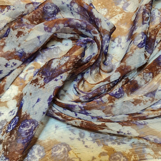 Bedruckter Crêpe-Georgette-Stoff, braun-blaues Blumenmuster, Sommerkleid (58" breit)