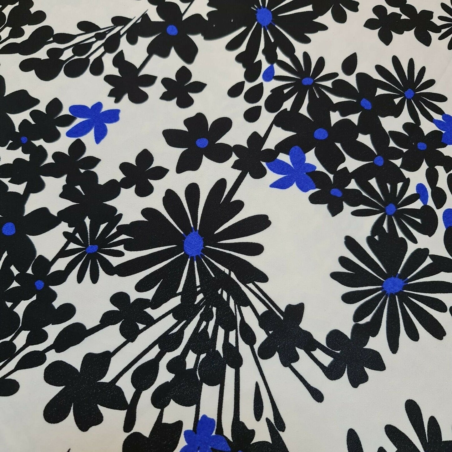 Printed Crepe Fabric White Base Black Flowers Neon Blue Spot Dress (58" wide)