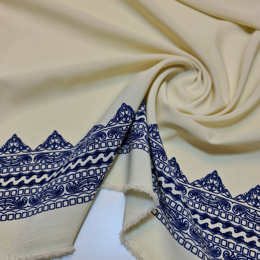 Weicher Kreppstoff mit cremefarbener Bordüre, Marineblau, bedruckt, für Kleider, Bastel- und Drapierungsstoffe, 111,8 cm breit
