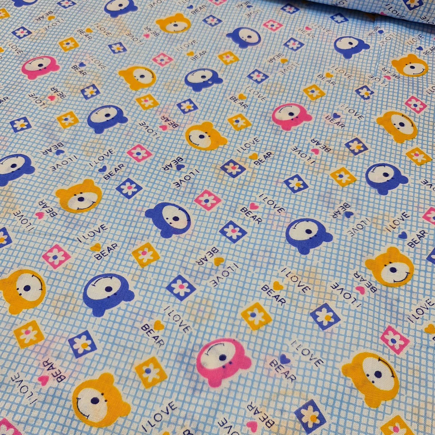 Kids Print 100% Cotton Poplin Fabric Bear Print Small Check Base (44" inch wide)