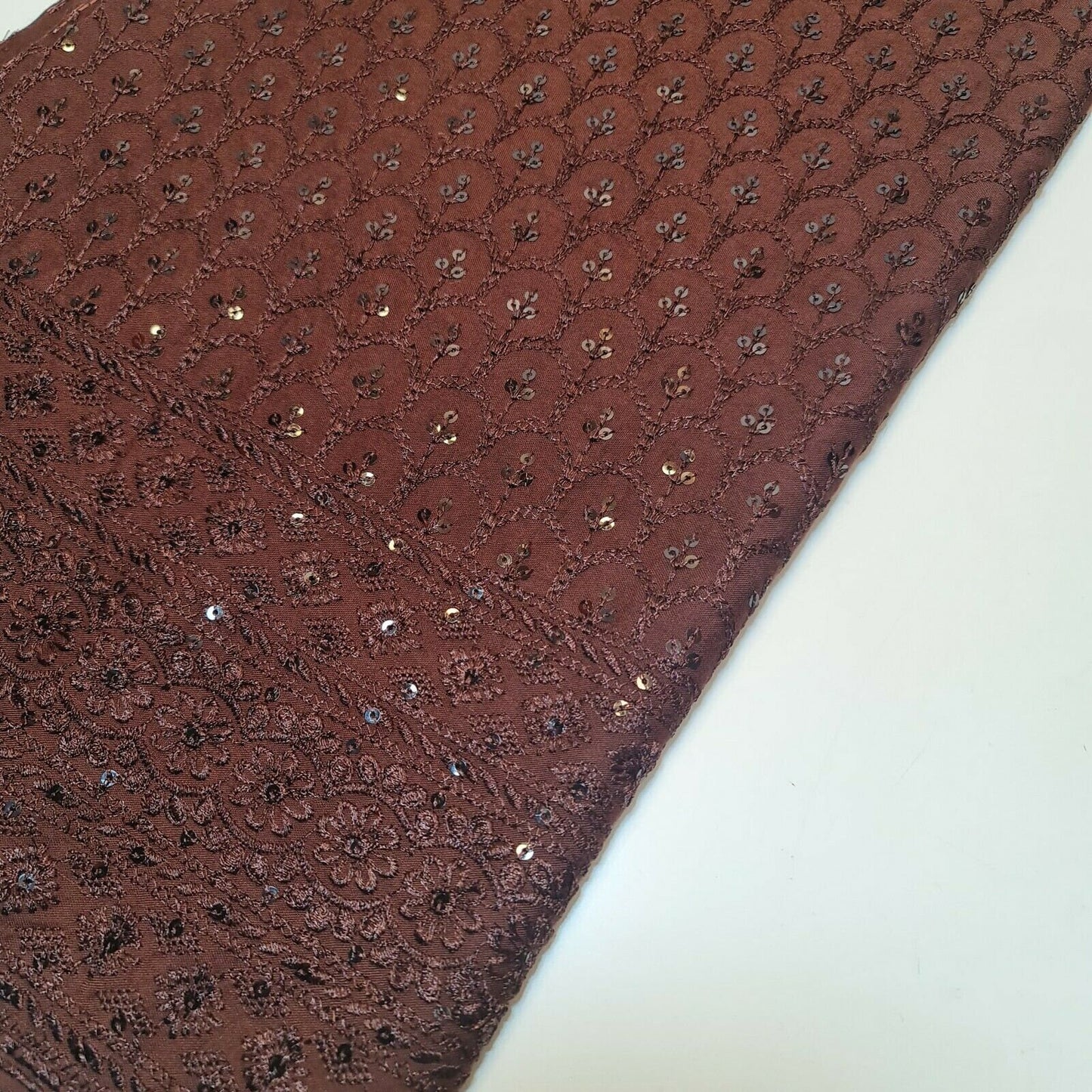 Broderie Anglais Sequin Embroidery ANGLAISE Soft Viscose Dress Craft Fabric 44" (Brown)