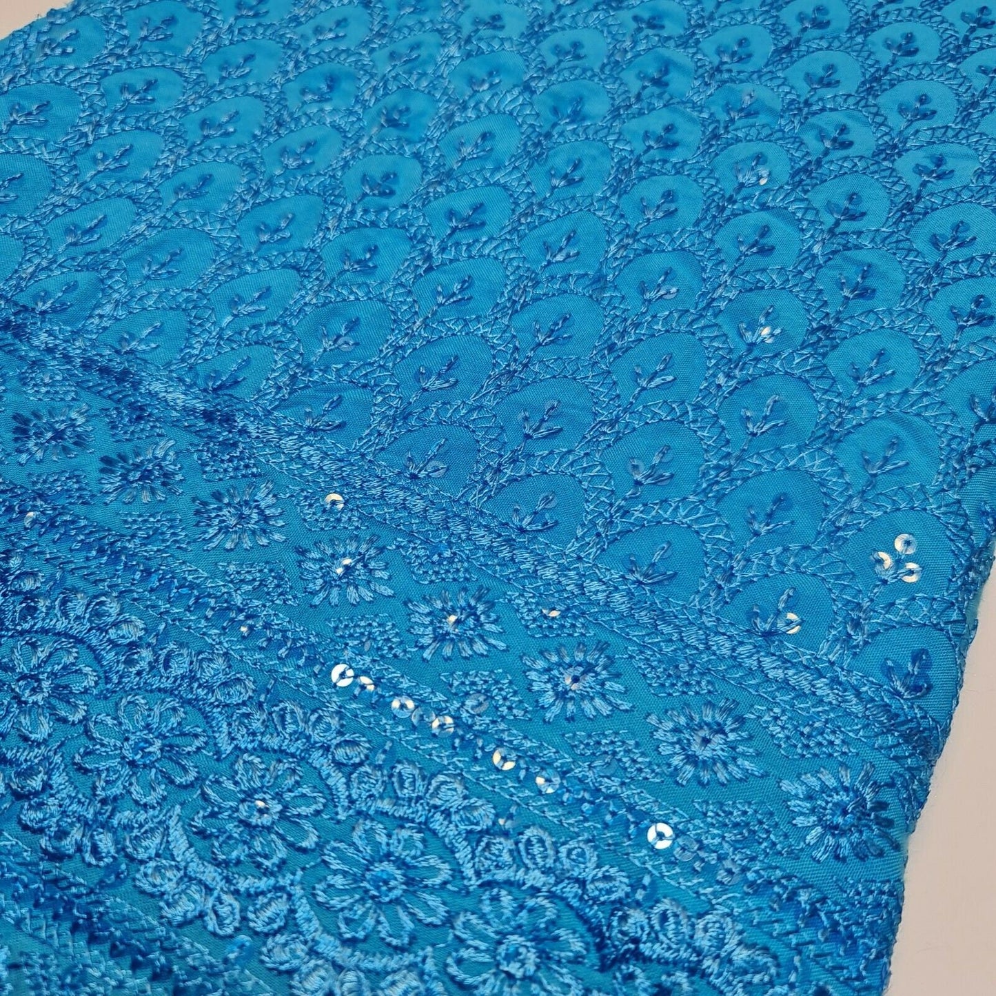 Broderie Anglais Sequin Embroidery ANGLAISE Soft Viscose Dress Craft Fabric 44" (Kingfisher)