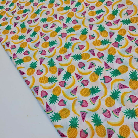 Polycotton Fabric Mixed Fruit Bananas Watermelon Pineapple Strawberries (Cream)