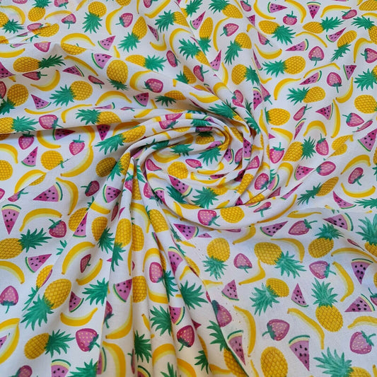 Polycotton Fabric Mixed Fruit Bananas Watermelon Pineapple Strawberries (Cream)