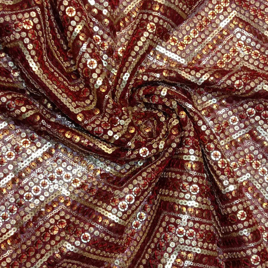 Sabyasachi Net Lehnga Dress Material Sequin Glitter Fabric 44" Designer Dress Fabric (Deep Red)