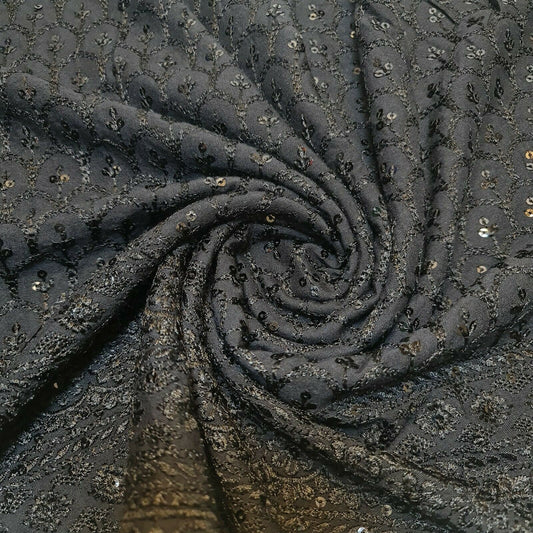 Broderie Anglais Sequin Embroidery ANGLAISE Soft Viscose Dress Craft Fabric 44" (Black)