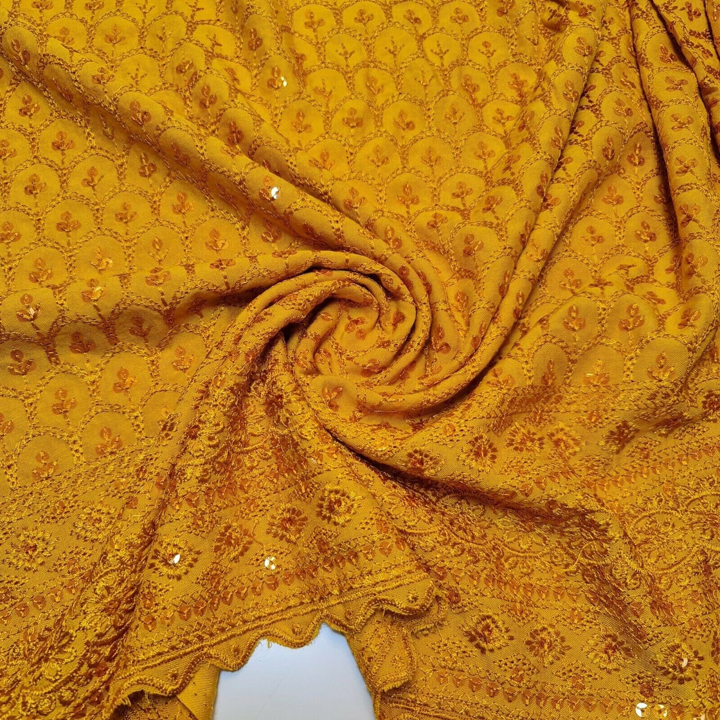 Broderie Anglais Sequin Embroidery ANGLAISE Soft Viscose Dress Craft Fabric 44" (Mustard)