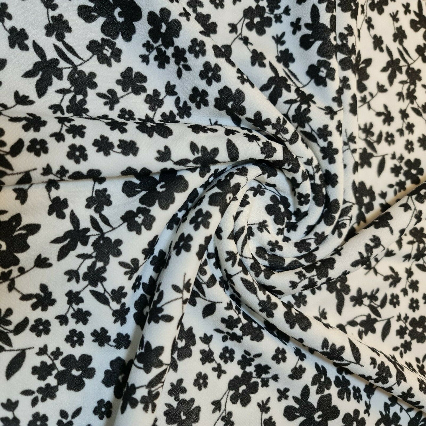 White Ditsy Black Floral Designer Crepe Stretch Dress Craft Fabric 58" Meter