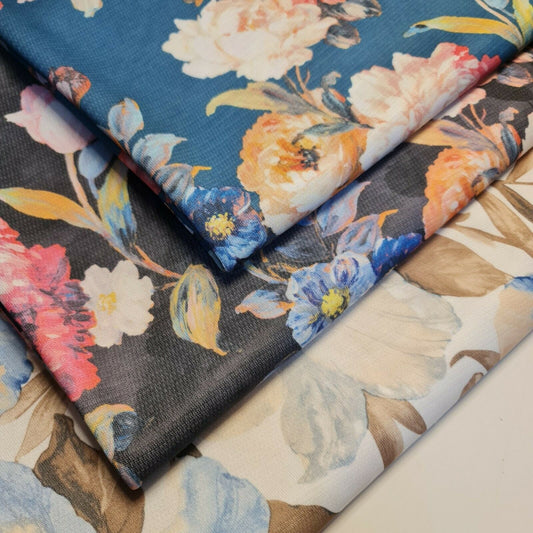 Jerseystoff mit Blumendruck, Polyviskose, Stretch-Druck, 58" LR, Meterware