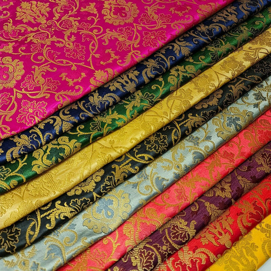Ornamental Gold Metallic Floral Indian Banarasi Brocade Fabric By 1/2 Meter 44"