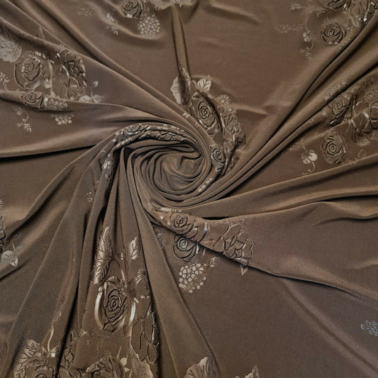 Embossed Rose Flower Brown ITY Stretch Jersey Dress Bodycon Fabric Per Metre 58"