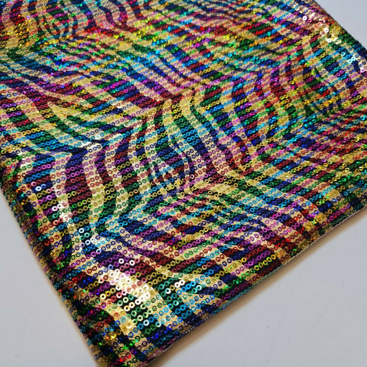 Regenbogen Pailletten Zebra Zickzack Dekor Kleid Handwerk Material Elasthan Stoff 58" Meter