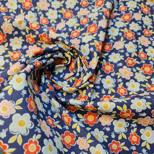 Blue Polycotton Daisy Spring Floral Dress Craft Vinatge Fabric 44" by Meter