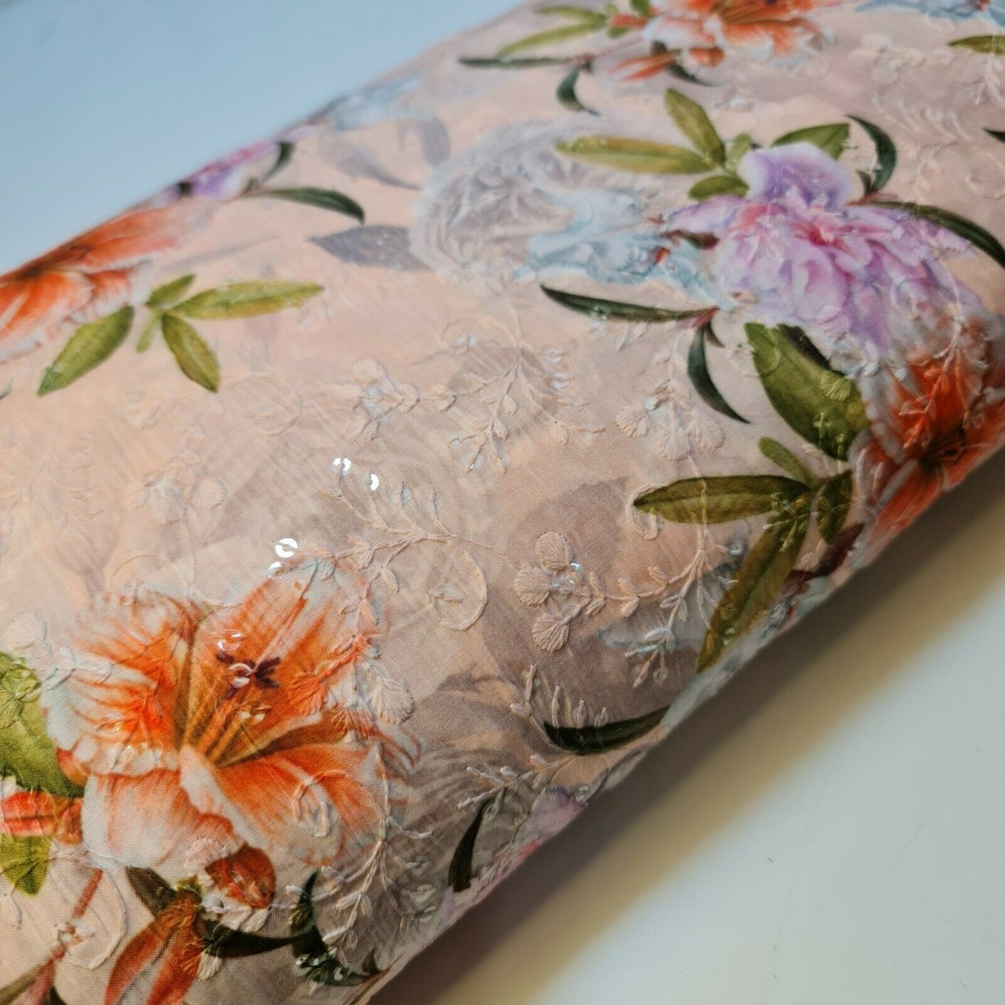 Peach Soft Polycotton Floral Broderie Anglaise Craft Dress Drape Fabric 44"