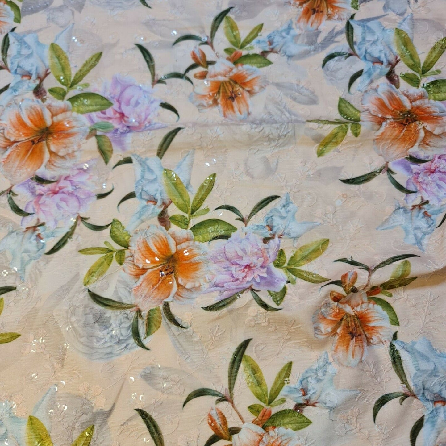Peach Soft Polycotton Floral Broderie Anglaise Craft Dress Drape Fabric 44"