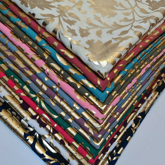 Floral Gold Foil Print Sheer Moss Crepe Dress Craft Drape Fabric Material 44"