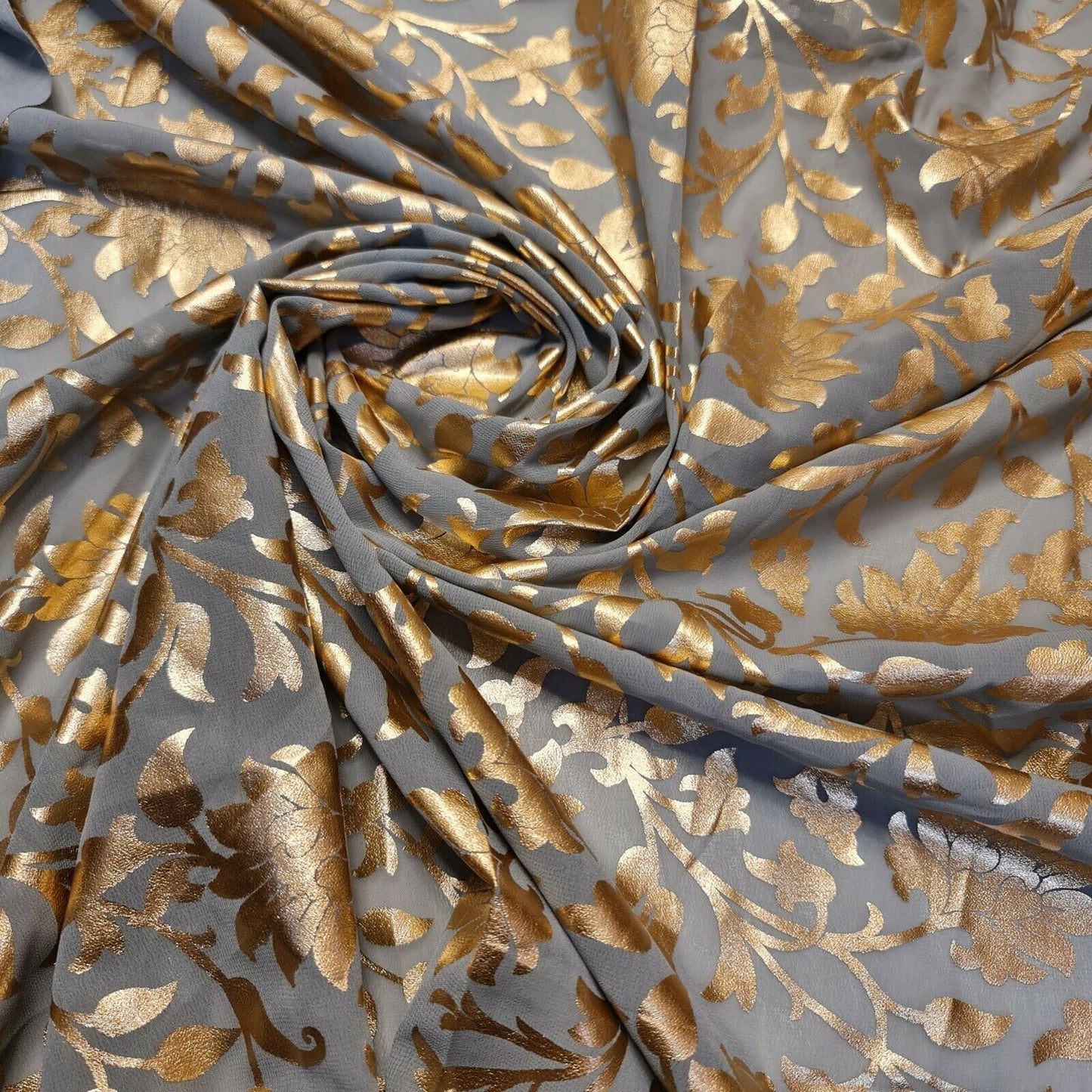 Floral Gold Foil Print Sheer Moss Crepe Dress Craft Drape Fabric Material 44"