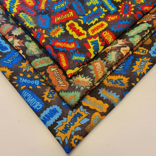 Gelb-schwarzer Polycotton-Stoff mit Superhelden-Motiv, für Kinder und Jungen, Pow-Print, Bastelmaterial, 111,8 cm