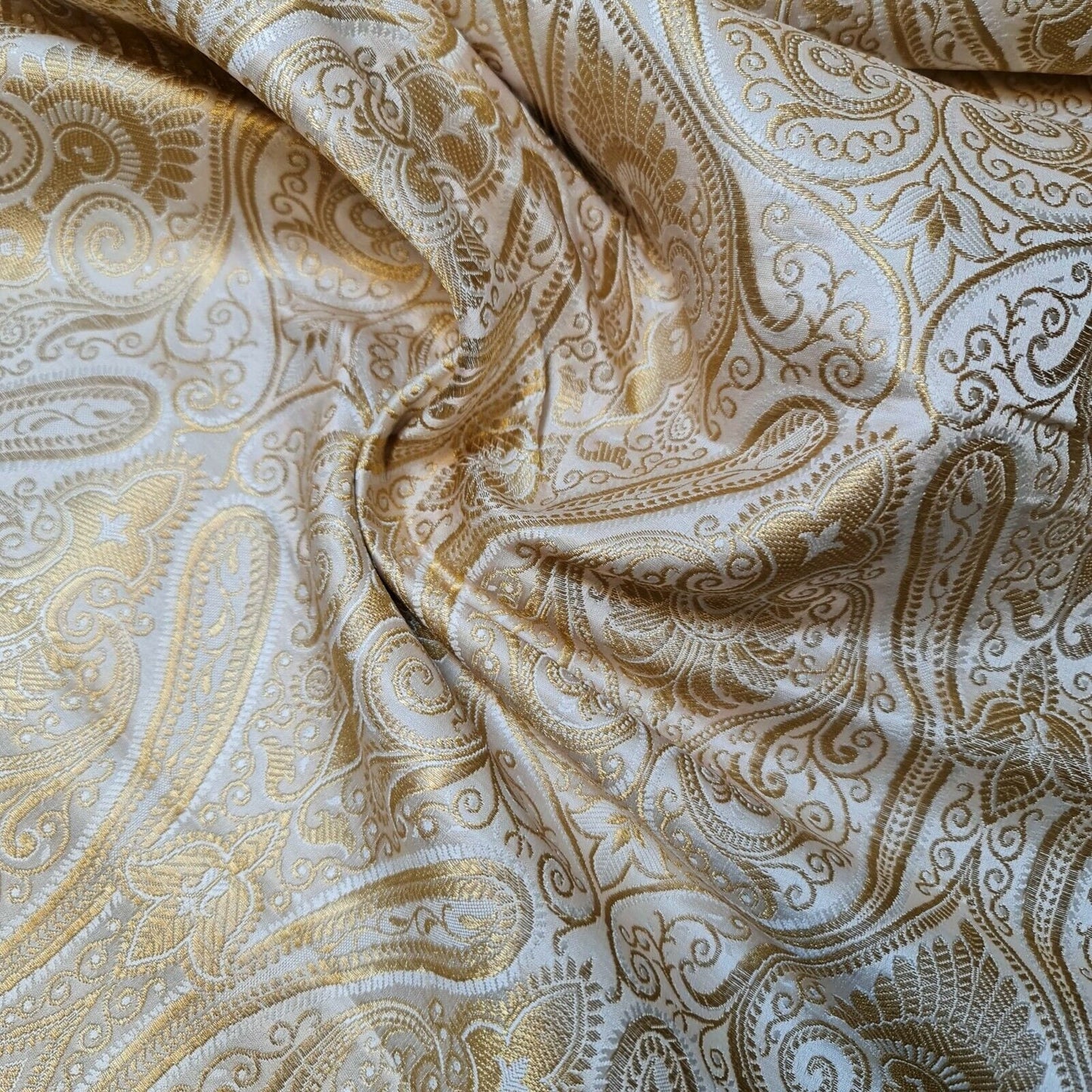 Ornamental Paisley Gold Metallic Print Indian Banarasi Brocade Fabric By Meter