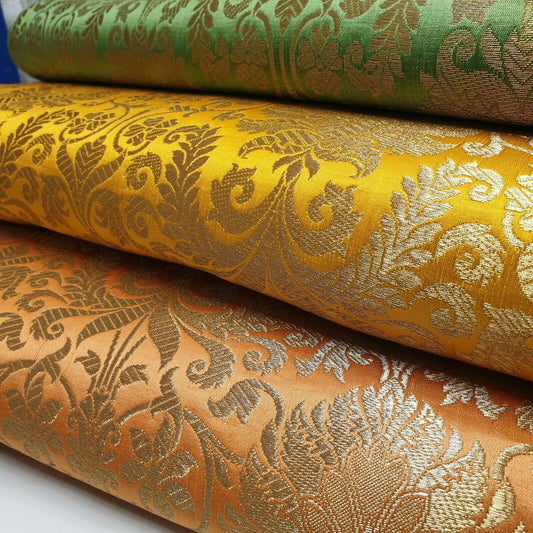 Ornamental Floral Gold Metallic Print Indian Banarasi Brocade Fabric Design-E TS