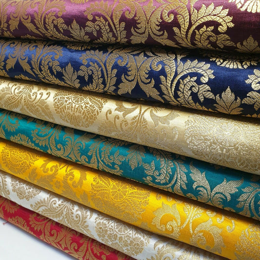 Ornamental Floral Gold Metallic Print Indian Banarasi Brocade Fabric Design-B TS