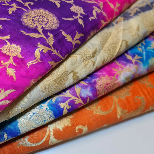 100% PURE Silk Tie Dyed Banarasi Indian Brocade Gold Zari Craft Dress Fabric 44"