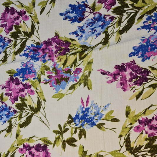 Elfenbeinfarbener Crêpe-Chiffon mit Blumendruck, durchsichtiger Stoff für Frühlingskleider, Meterware, 147,3 cm