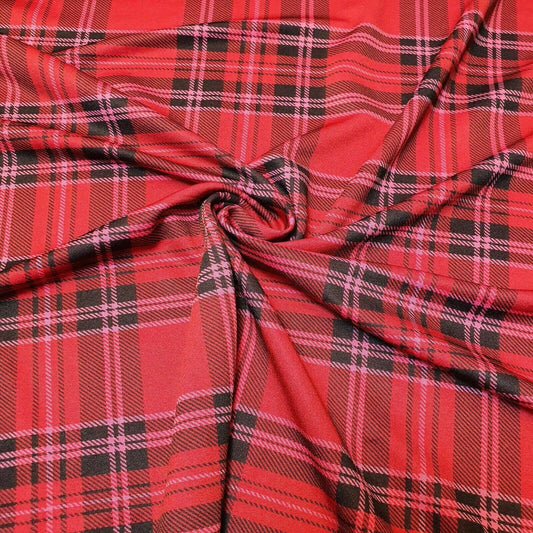 Tartan Checks Xmas Print Crepe ITY Jersey Fabric Dress Craft Stretch 58" Meter