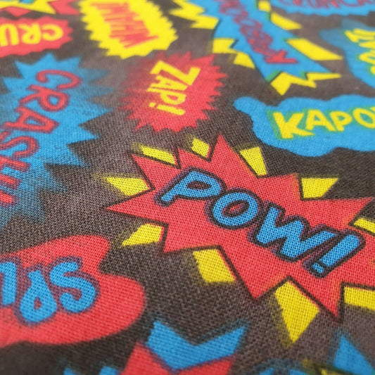 Gelb-schwarzer Polycotton-Stoff mit Superhelden-Motiv, für Kinder und Jungen, Pow-Print, Bastelmaterial, 111,8 cm