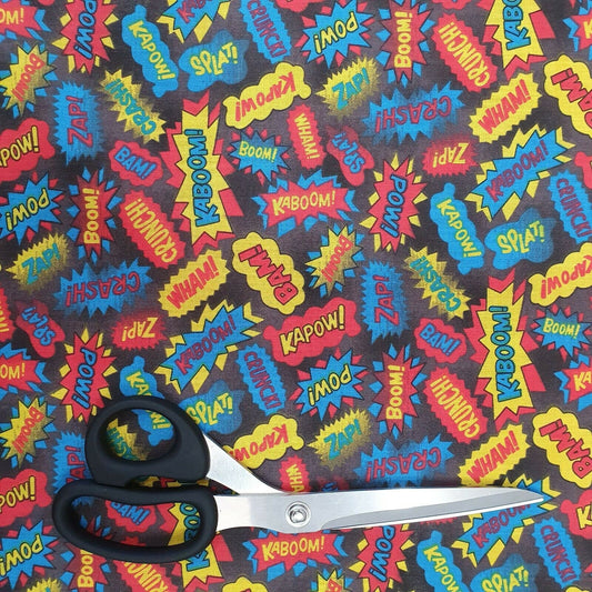 Superhero Polycotton Fabric – Kids Pow Comic Print Dressmaking & Craft Material 44" Wide by the Metre